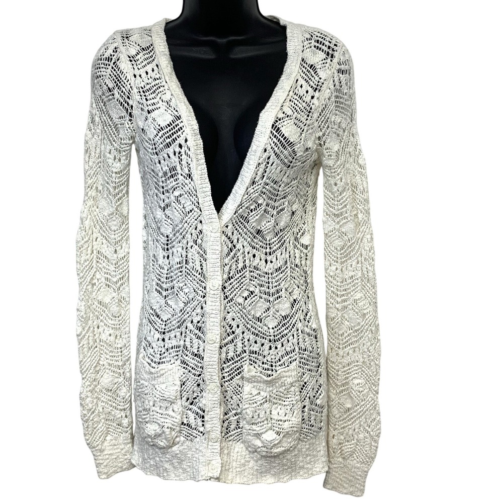 Aeropostale Loose Crochet Knit Cardigan Button Front Women XS Boho Long Sleeve